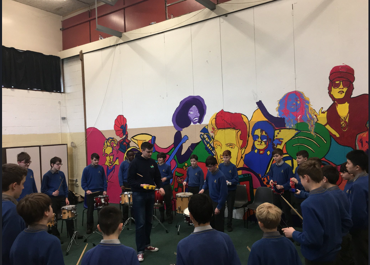 Mobile Music School drumming workshop in Moyle Park College